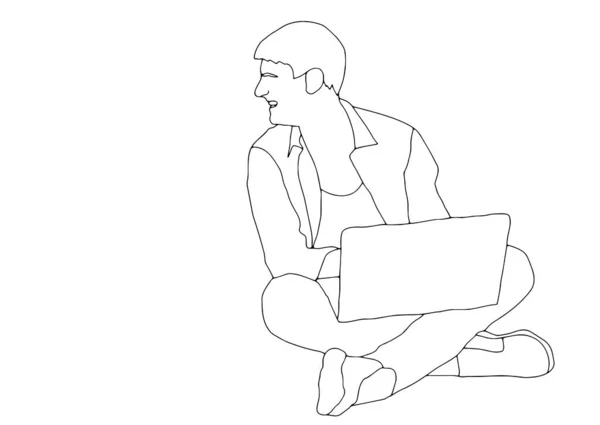 Continuous Line Drawing Guy Sitting Laptop Computer — Stock Vector