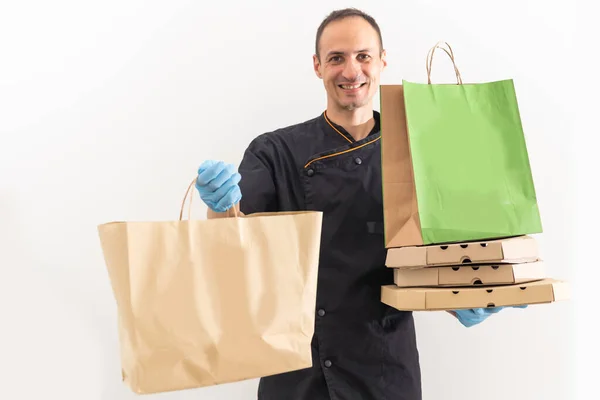 Food Delivery Man Wear Gloves Cleanliness Hygiene Protect Pandemic Outbreak — стоковое фото