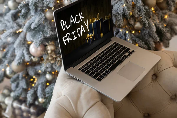 Black Friday Shopping Concept Written Laptops Black Screen Blurred Christmas — Stock Photo, Image