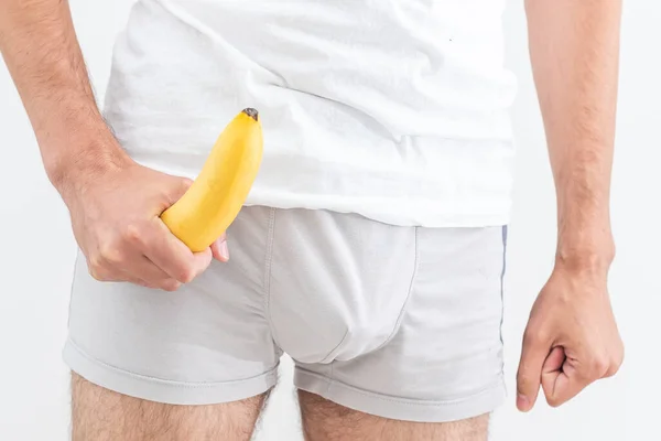 Man Holding Banana Fruit Gun His Trousers — Stok Foto