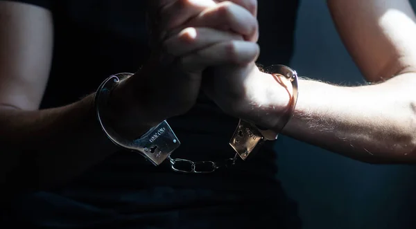 Male Hands Handcuffs Black Background —  Fotos de Stock