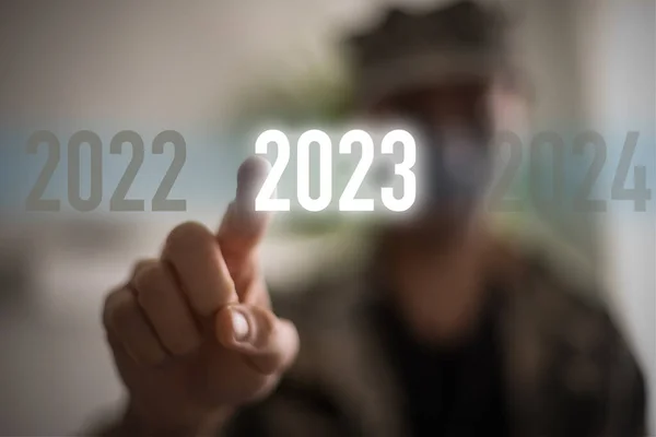 Opriți Conceptul Război Text Mână Numere Virtuale 2023 Militare — Fotografie, imagine de stoc