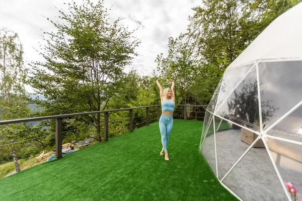 Woman Doing Exercises Terrace Transparent Bubble Dome — Foto Stock
