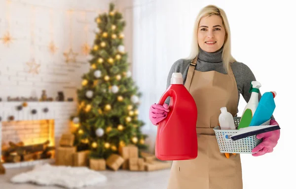 Woman Cleaning Lady Holding Mop New Year Tree Closeup Cleaning — Stock Photo, Image