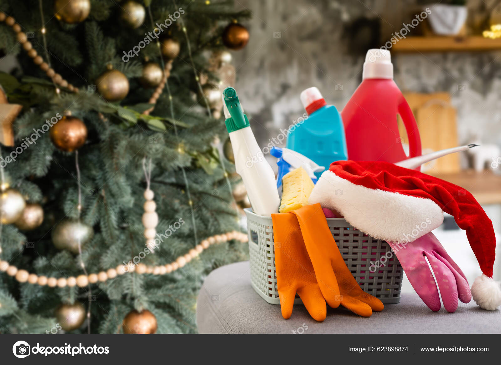 Cleaning Christmas Multicolored Cleaning Supplies Sponges Rags Spray  Festive Decorations Stock Photo by ©sinenkiy 623898874