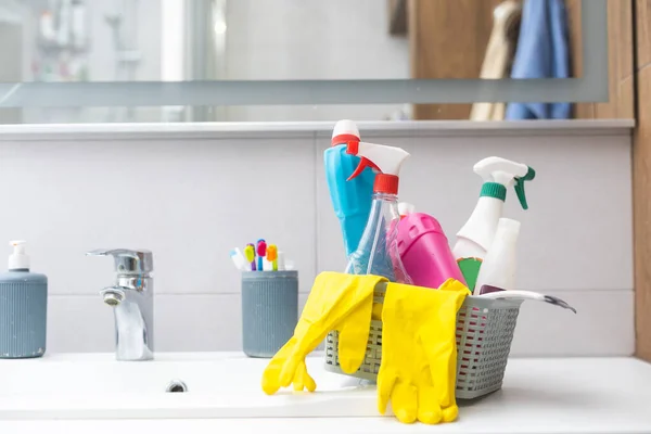 Cleaning agent, detergent and liquid soap dispenser bottle on the bathroom background