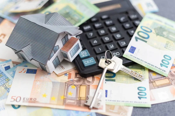 Збільшення Обсягу Моделі Будинку Euro Bank Note Calculator — стокове фото