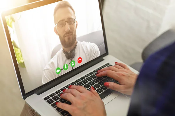 Online Conference Colleagues Laptop Video Call Training Educational Webinar Chat — Stock Photo, Image