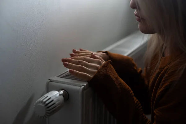 Heating Season Woman Warms Her Hands Heater — ストック写真