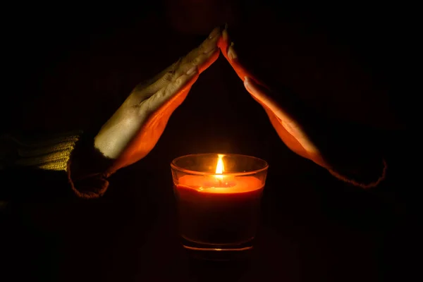 Burning Candle Female Hands Black Background — Stock Photo, Image