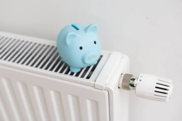 Piggy Bank Verwarming Radiator Tegen Lichte Achtergrond Ruimte Voor Tekst — Stockfoto