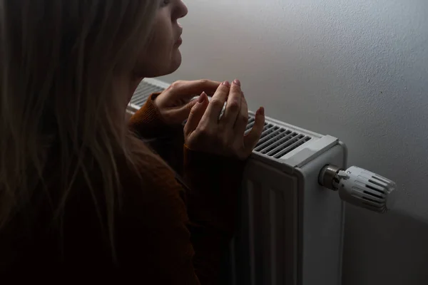 Closeup Woman Warming Her Hands Heater Home Cold Winter Days — Stock Photo, Image