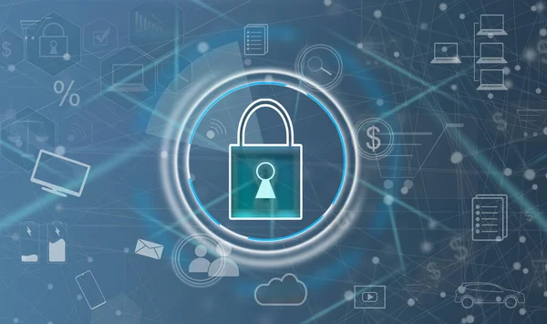 Virtuelle Sicherheitssymbole Cloud Technologie Management Big Data Gehören Geschäftsstrategie Kunde — Stockfoto