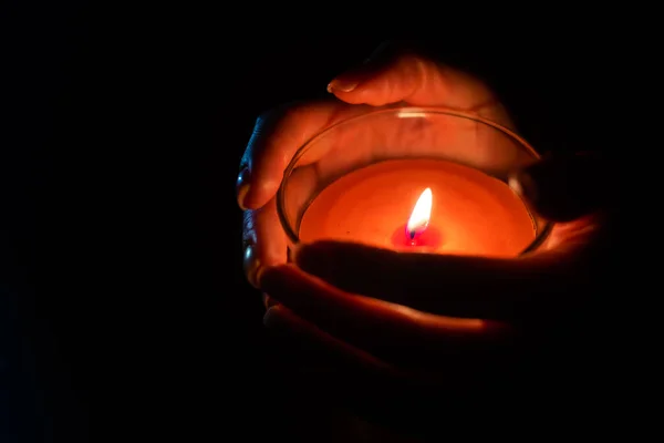 Close Woman Hand Lighting Candles Dark Night Home — Stock Photo, Image