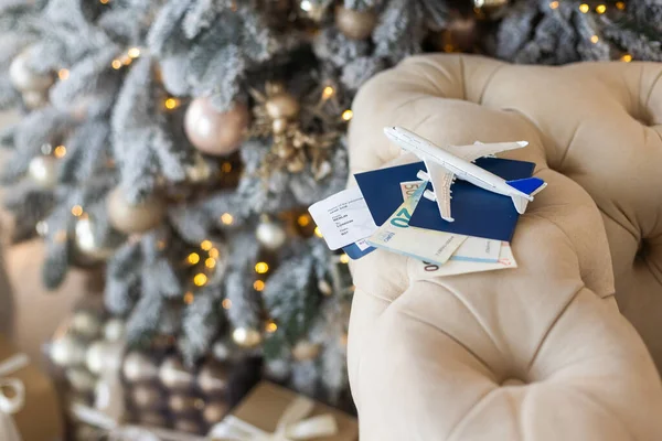 Fondo Navidad Con Avión Concepto Viaje Para Las Vacaciones — Foto de Stock