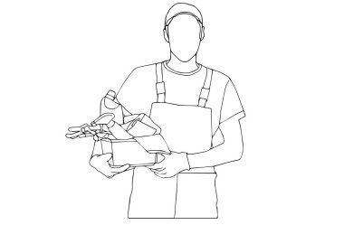 Kapsül kuryesindeki kutuları olan adam. Beyaz arkaplana elle izole edilmiş bir nesneyi çizen bir çizgi