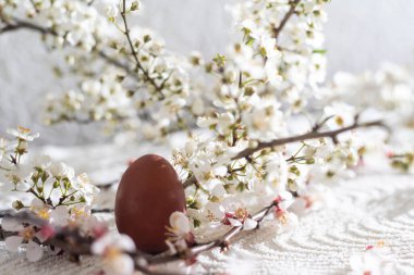 Paskalya dekoratif kompozisyonu boyalı yumurtalar, çiçekli dallar