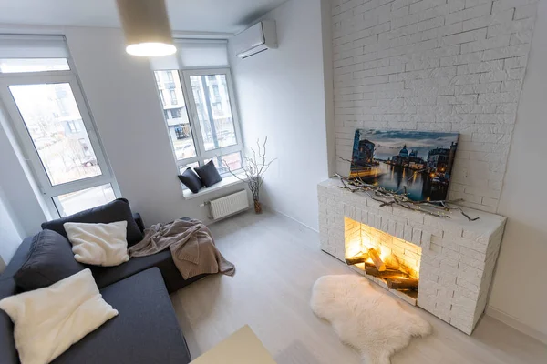 Luxury Loft Living Room Interior, Apartments with a fireplace.
