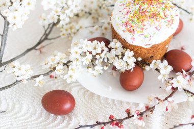 Paskalya kompozisyonu. Çiçekli bir kayısı dalı, boyanmış yumurtalar ve şeker parçacıklarıyla süslenmiş paskalya pastası..