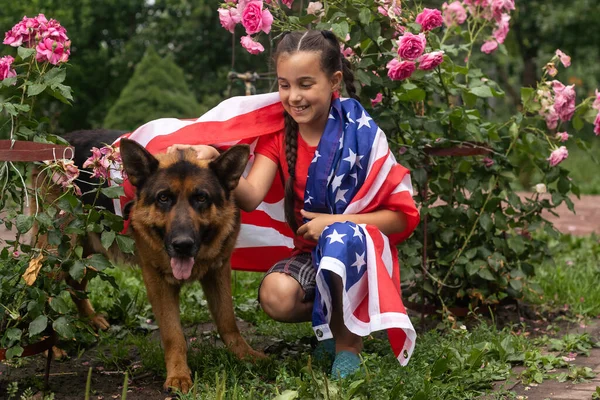 stock image shepherd dog usa with kid girl american flag. High quality photo