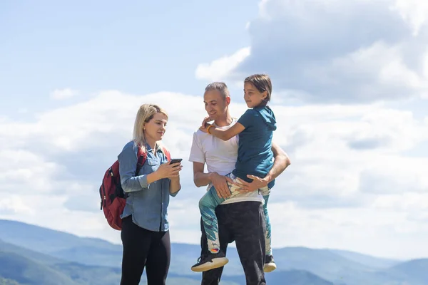 Mother Father Hugging Son Daughter Summer Mountains Happy Family Smiling — Stockfoto