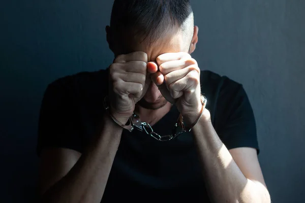 Male Hands Handcuffs Black Background — Foto de Stock