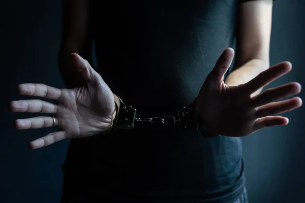 Male Hands Handcuffs Black Background — Φωτογραφία Αρχείου