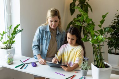 Anne ve kızı evde E-kitap okuyorlar..