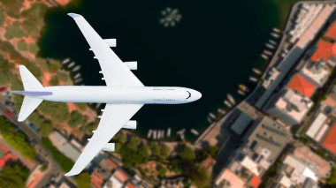 Uçak şehrin üzerinde uçuyor..