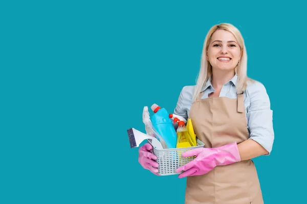 Photo Caucasian Pretty Housemaid Wearing Rubber Gloves Hands Protection Holding — Stock Photo, Image
