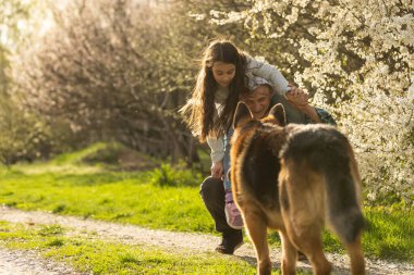 Büyükbaba ve torun ve köpek çobanı bahçede..