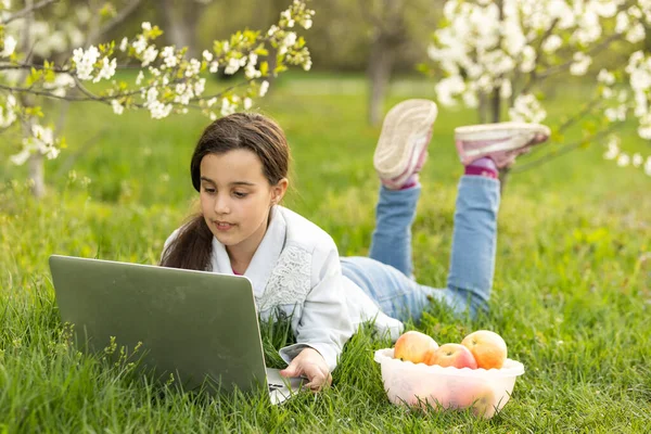 Smart Little Girl Using Her Laptop Garden — Stock Photo, Image