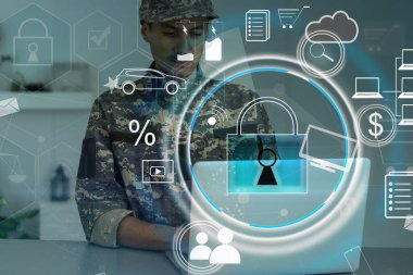 asma kilit ile bulut yakınında üniformalı gesturing askeri adamın kırpılmış görünümü