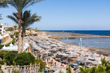 şezlong şemsiye plajda ile