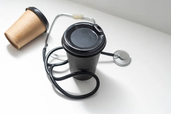 Stethoscope Takeaway Coffee White Background — Stock Photo, Image