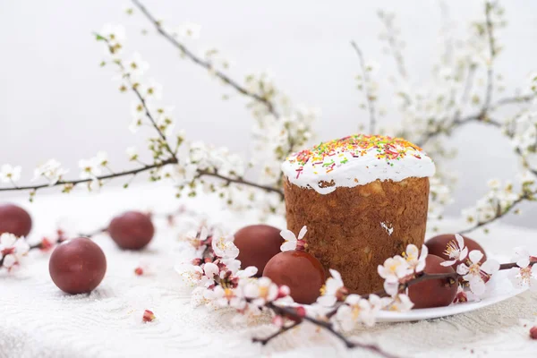 stock image Easter background with colored eggs, colored easter eggs and blooming branches. Easter composition. Easter cake.