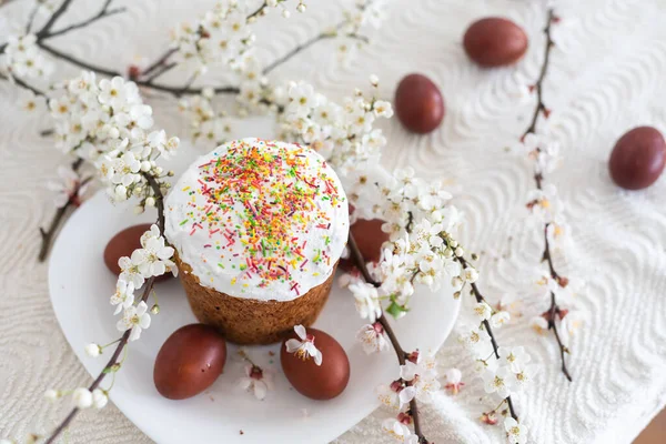 Traditional Easter Cakes Colored Eggs Branch Tree — Stock Photo, Image