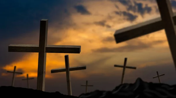 wooden crosses on a background of dramatic sky.