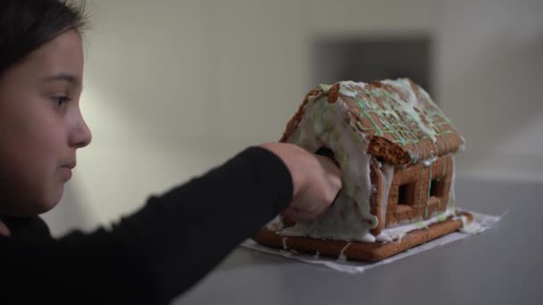 Χαριτωμένο Κοριτσάκι Μελόψωμο Τρομακτικό Σπίτι Εορταστική Άχνη Και Μπισκότο Σχήμα — Αρχείο Βίντεο