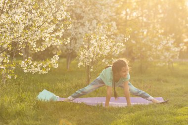 Küçük kız, güneşli yaz gününde çimlerin üzerinde yoga egzersizi yapıyor. Esnek bir çocuk, jimnastik yapıyor. Spor, öğrenme, spor, esneme, yoga, aktif yaşam tarzı kavramları