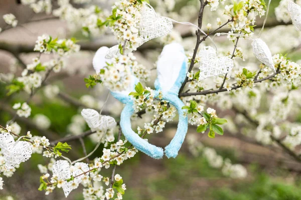 Easter funny bunny on blooming branch. Easter background