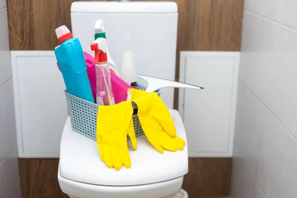 Cleaning agent, detergent and liquid soap dispenser bottle on the bathroom background