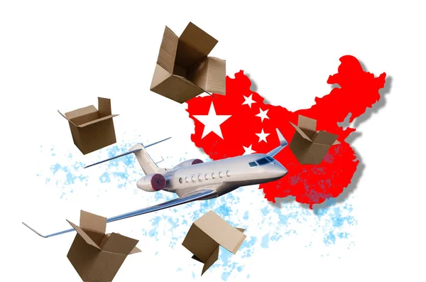 map of china and toy airplane with shipping boxes.