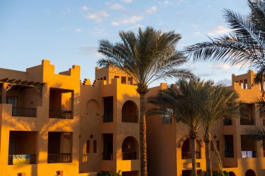 hotel egypt, flag of ukraine on the balcony.