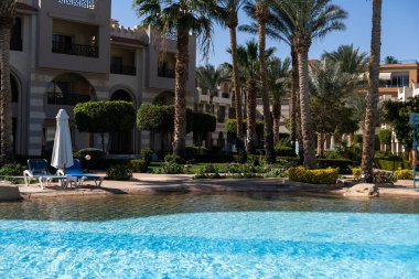 Temiz suyu olan bir yüzme havuzu, hiç kimse. Kare şeklinde bir havuz, mavi fayanslar, çekmeceler ve güvertelerde güneşlik, insan yok. Su yüzeyi. Genel bakış. Yaz arkaplanı