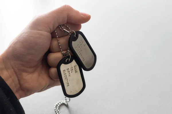 Blank Army Dog Tags Hand White Background — Stock Photo, Image