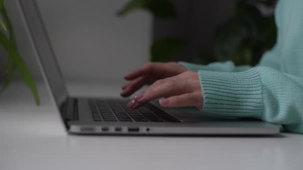 Frau Benutzt Laptop Sucht Internet Surft Internet Hat Einen Arbeitsplatz — Stockvideo