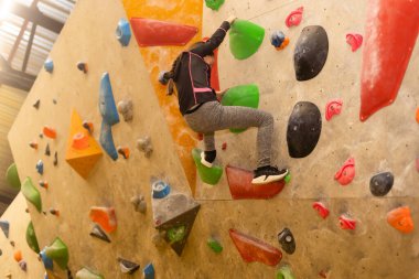 Duvar tırmanma duvarı, çıkıntıları, ipleri ve karabinaları var..