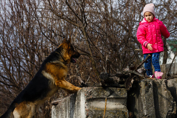 a little girl is hiding from a dog.