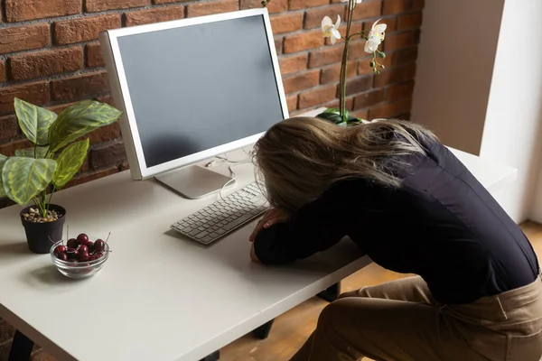 Stressed businesswoman, woman sad, desktop